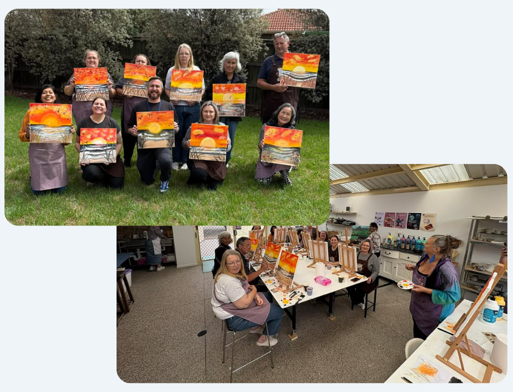 BrainLink carers enjoying a painting class and proudly displaying their work.
