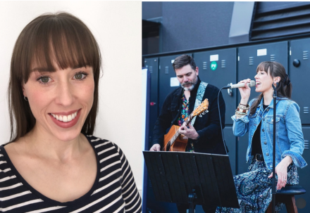 Profile picture of Jayde on the left. Jayde singing with a guitarist on the right. 