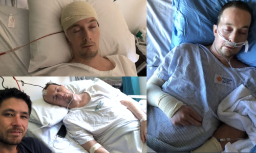 Paul in hospital with his partner soon after his traumatic brain injury.